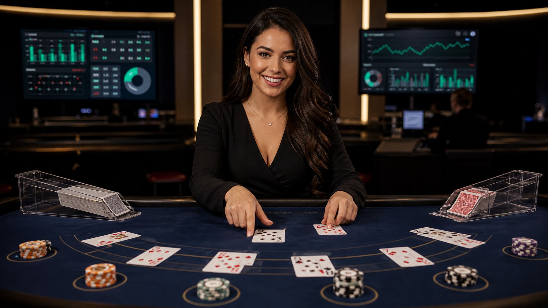 Seorang dealer blackjack yang ramah sedang membagikan kartu di meja blackjack dengan suasana kasino modern dan layar digital di latar belakang.