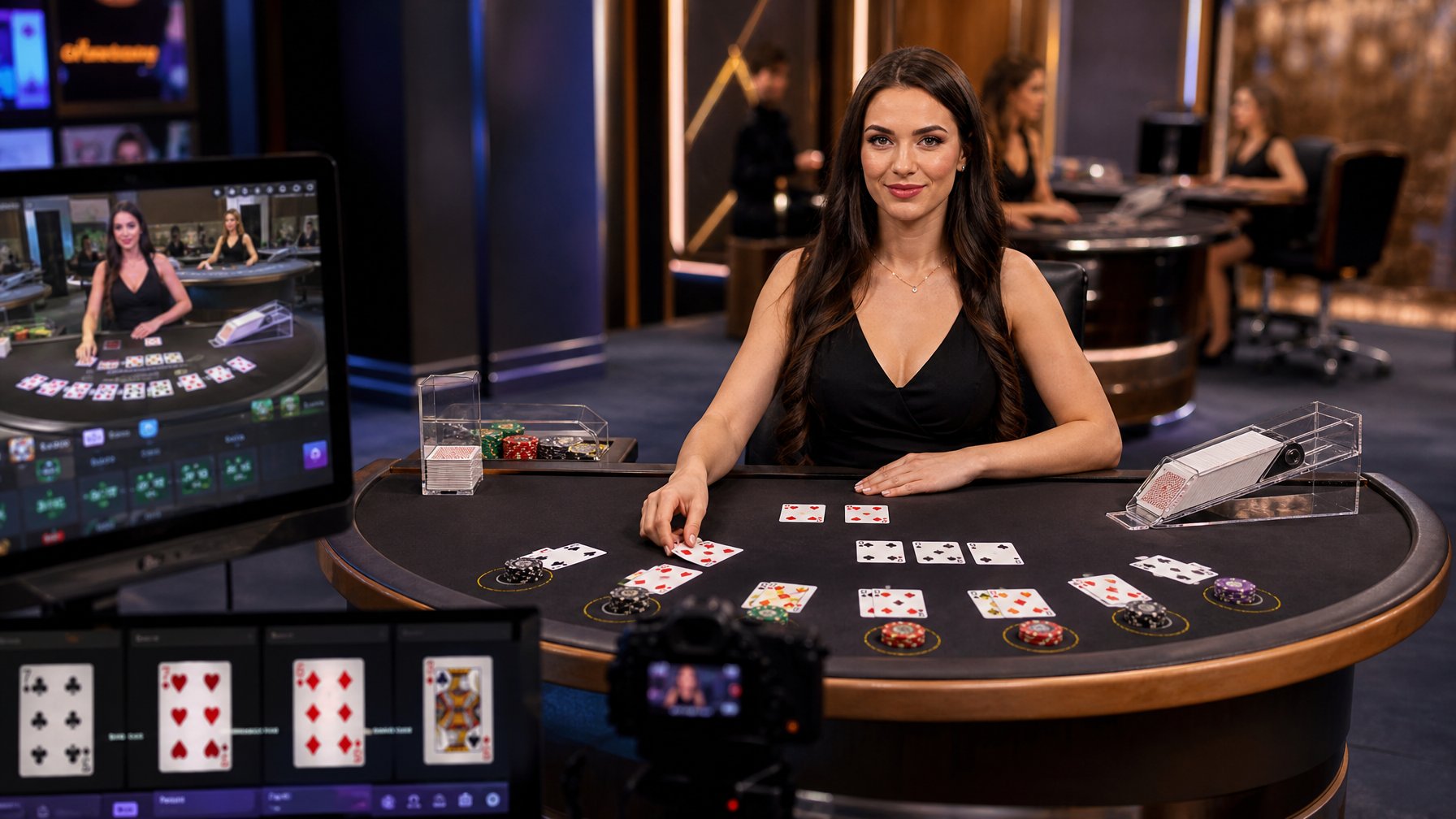 Seorang dealer profesional sedang membagikan kartu blackjack secara langsung di meja kasino online dengan chip dan kartu terlihat jelas.