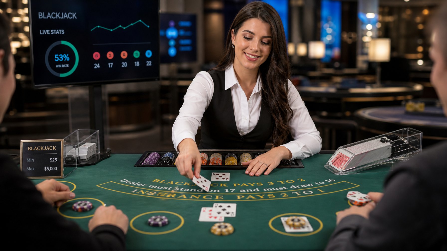 Seorang dealer wanita sedang membagikan kartu di meja blackjack dengan suasana kasino modern dan pencahayaan terang.