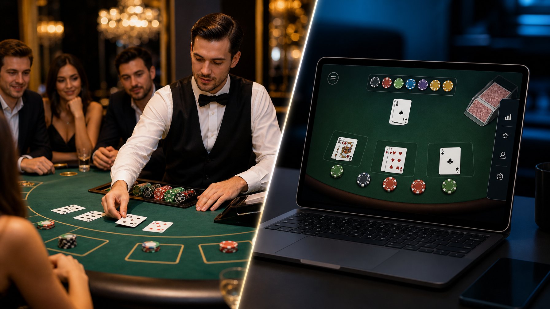 Sebuah gambar yang membandingkan dealer blackjack langsung di kasino dengan permainan blackjack online menggunakan RNG di layar perangkat digital.