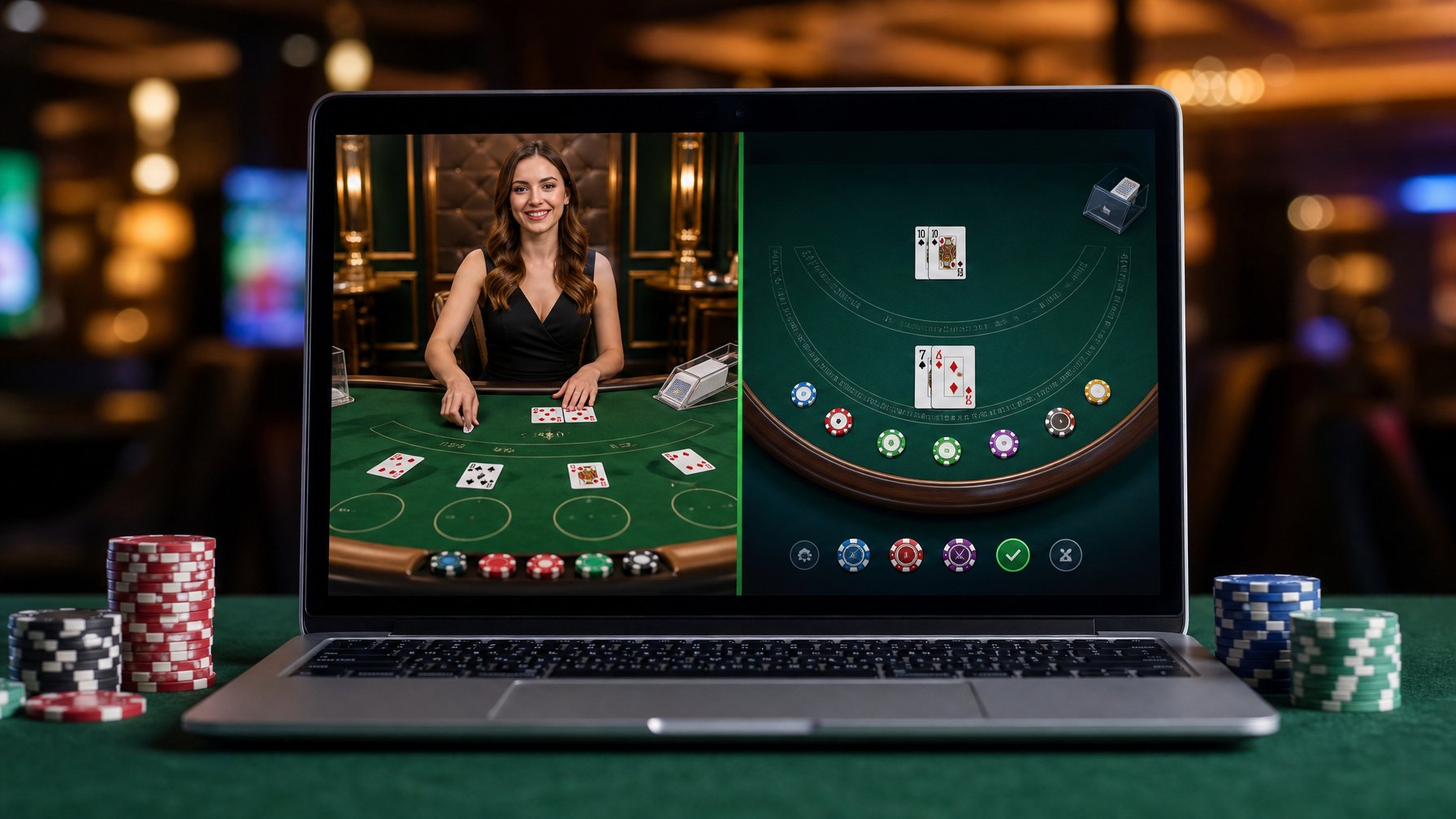 Seorang pemain blackjack online menggunakan komputer yang menampilkan dua jenis permainan blackjack, satu dengan dealer langsung dan satu dengan permainan berbasis perangkat lunak.