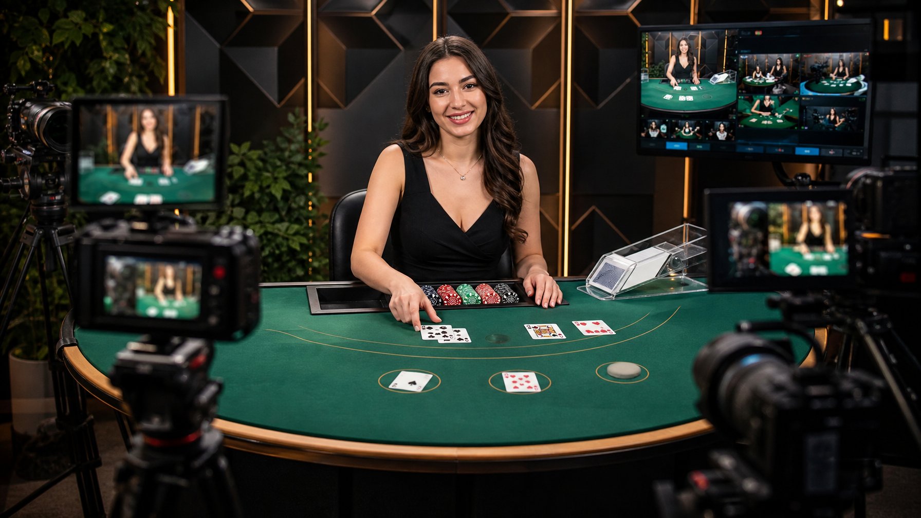 Seorang dealer blackjack wanita sedang membagikan kartu di meja hijau dengan beberapa kamera mengelilinginya dalam studio kasino yang terang dan modern.