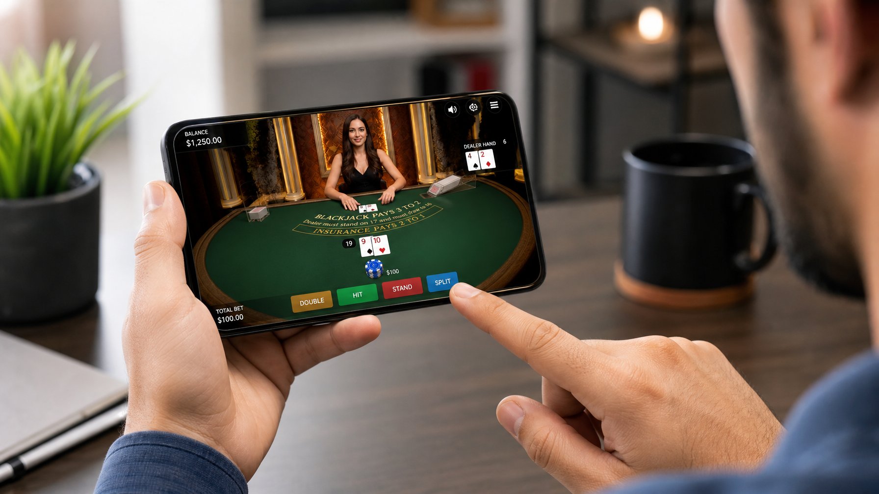 Seseorang bermain blackjack dealer langsung di smartphone di meja yang rapi