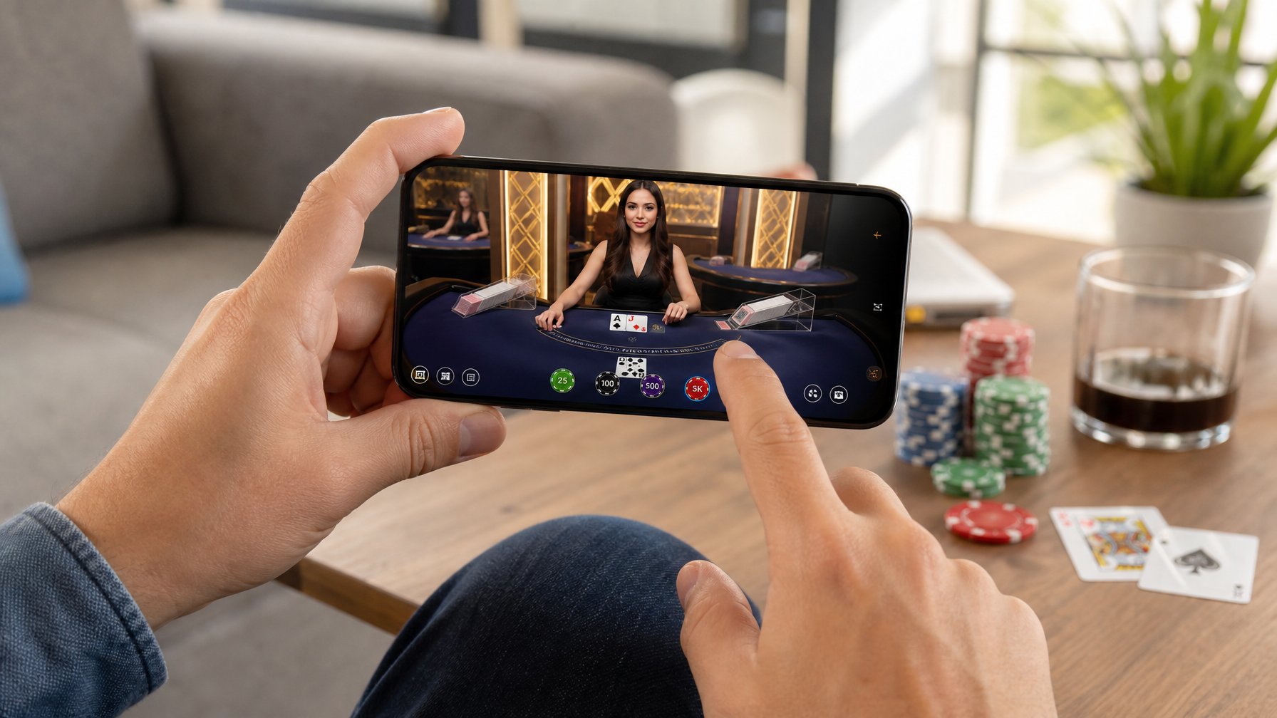 Seseorang memegang ponsel yang menampilkan permainan blackjack live dealer dengan dealer dan kartu terlihat di layar, di meja kayu dengan chip poker di latar belakang.