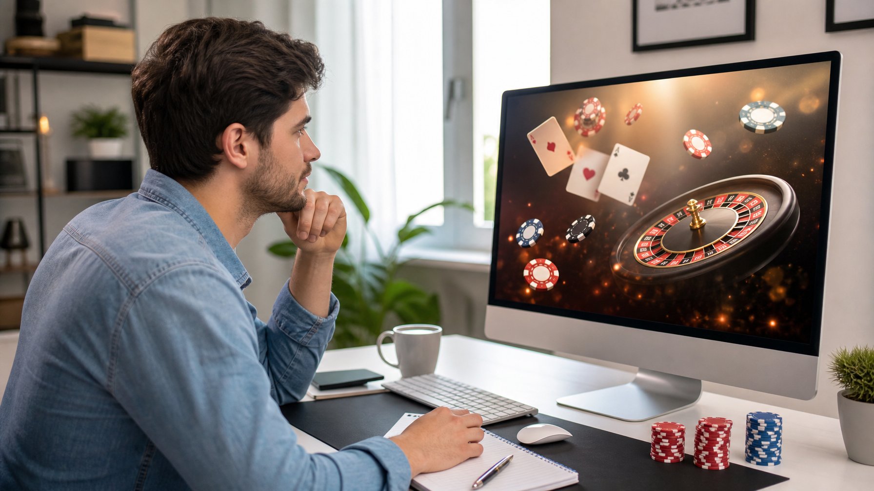 Seorang pemain pemula duduk di depan komputer modern, fokus menggunakan situs casino online dengan elemen permainan seperti kartu dan chip terlihat di layar.
