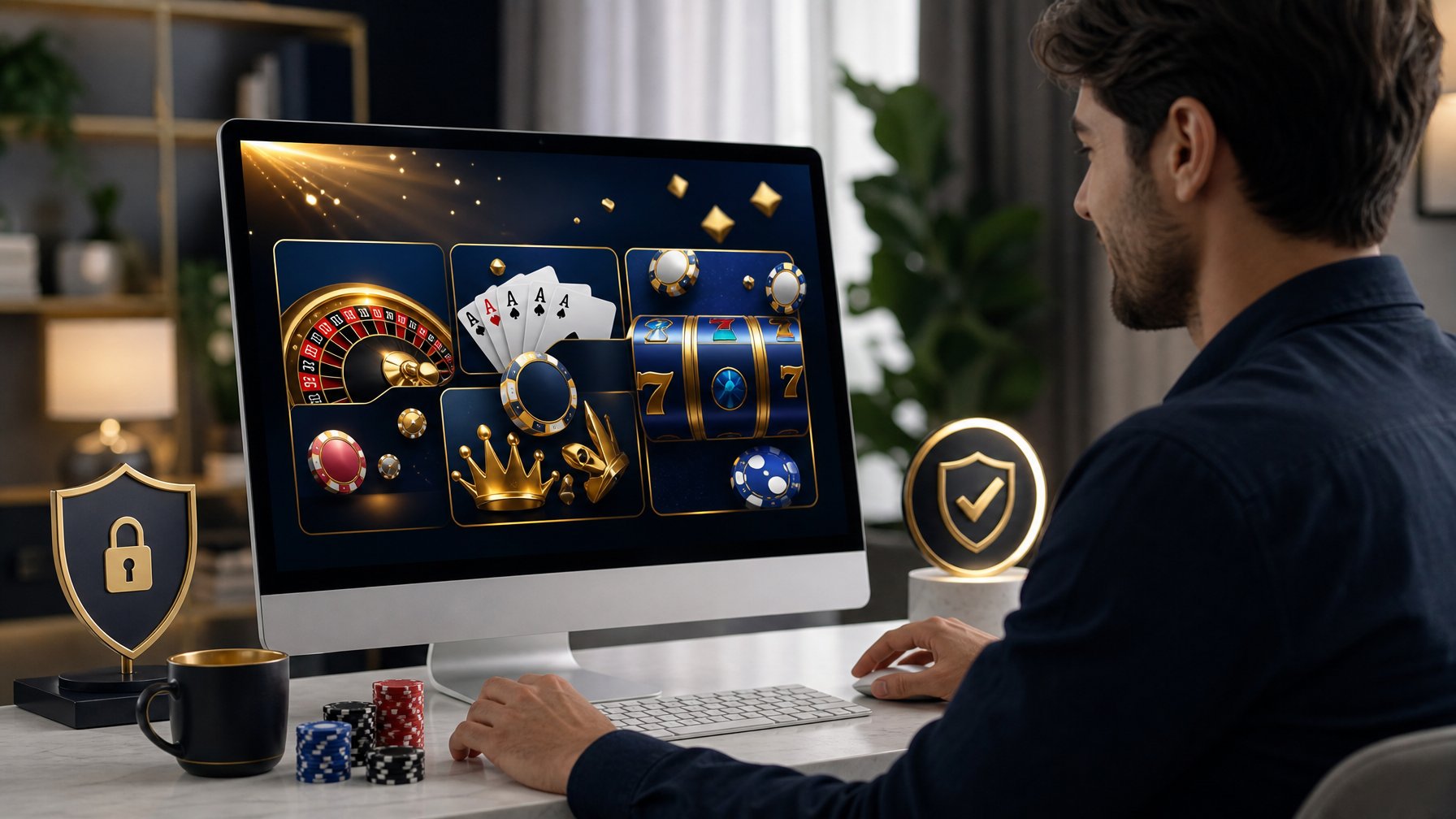 Seorang pemain muda menggunakan laptop dengan tampilan situs casino online yang modern dan terpercaya di ruang kerja yang terang dan rapi.