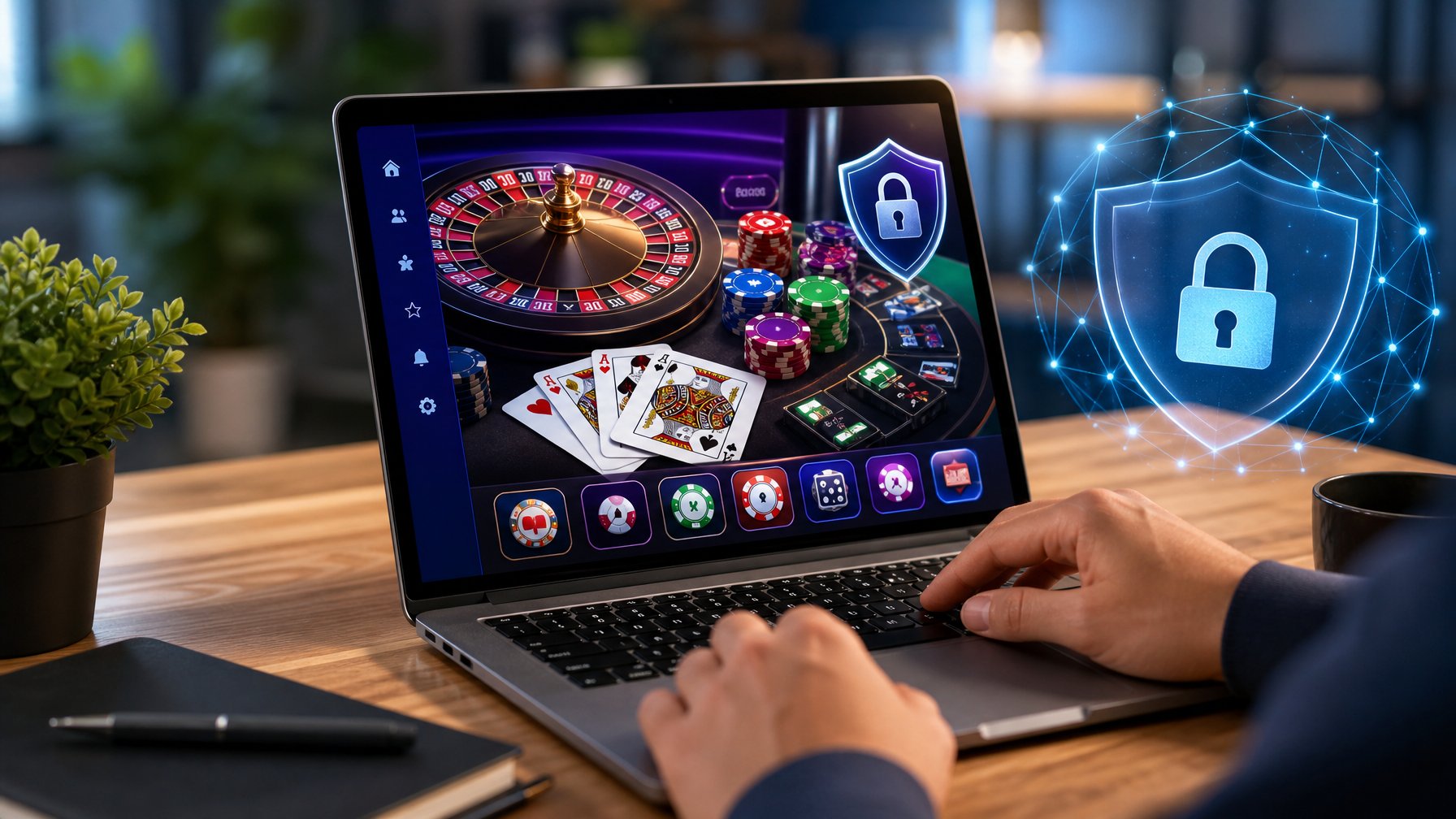 Seseorang menggunakan laptop dengan tampilan platform kasino online yang aman dan terpercaya.