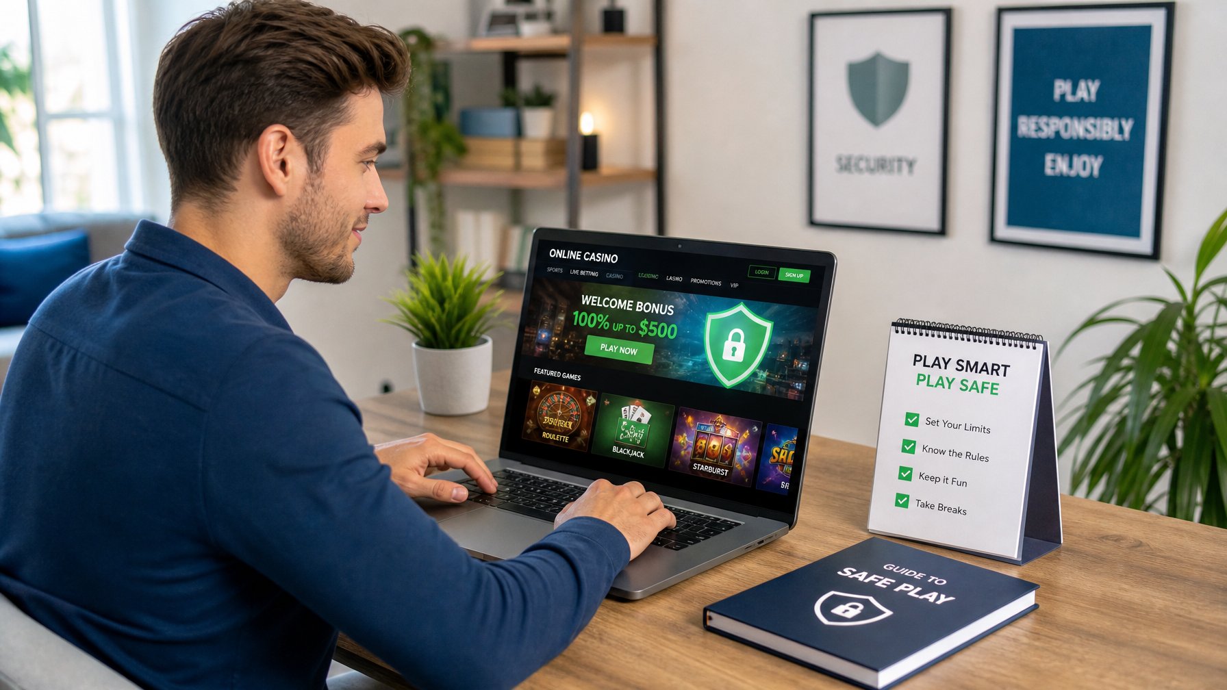 Seorang dewasa muda duduk di meja dengan laptop yang menampilkan permainan kasino online, terlihat fokus dan tenang.