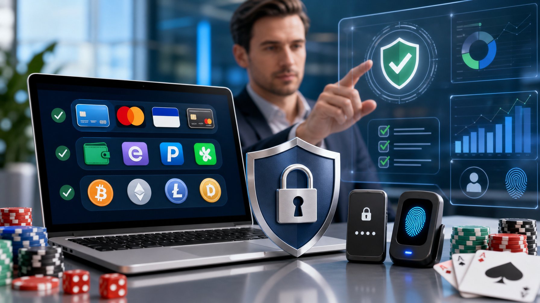 Seorang profesional sedang menganalisis metode pembayaran dan fitur keamanan pada platform kasino online di depan laptop dengan ikon pembayaran dan simbol keamanan di layar.
