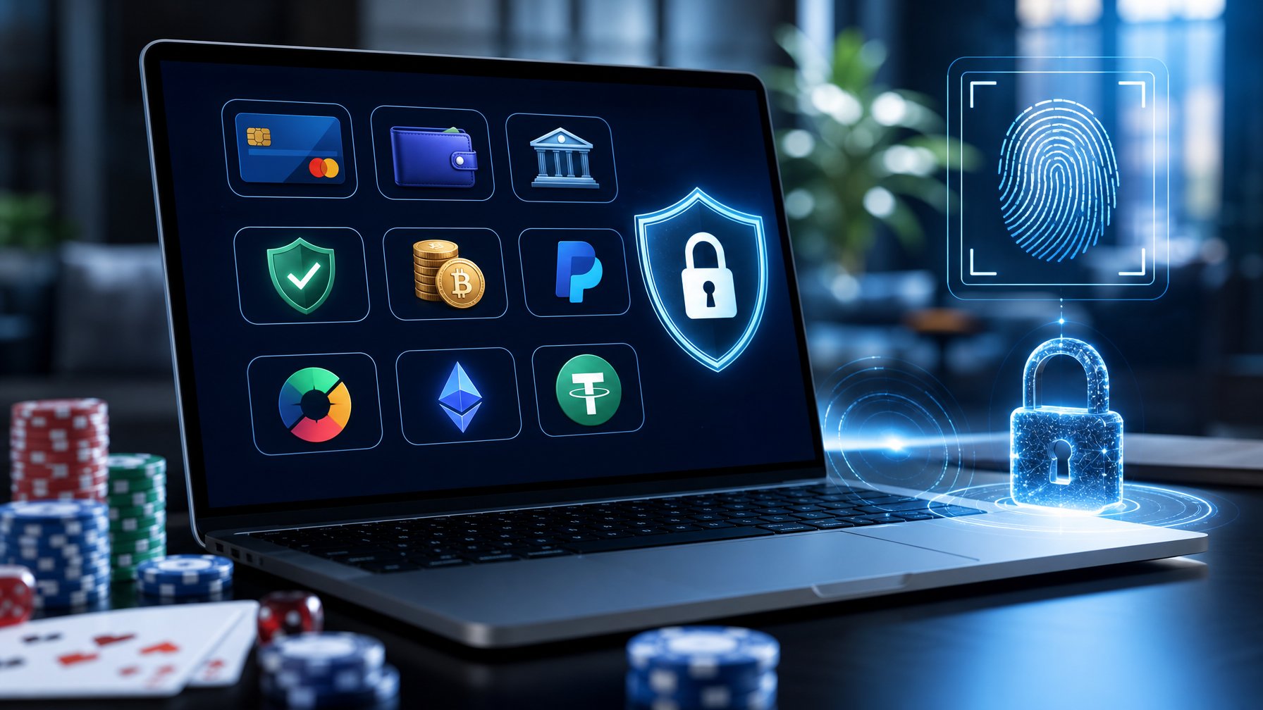 Sebuah laptop menampilkan antarmuka kasino online dengan ikon metode pembayaran dan simbol keamanan di sekitarnya.