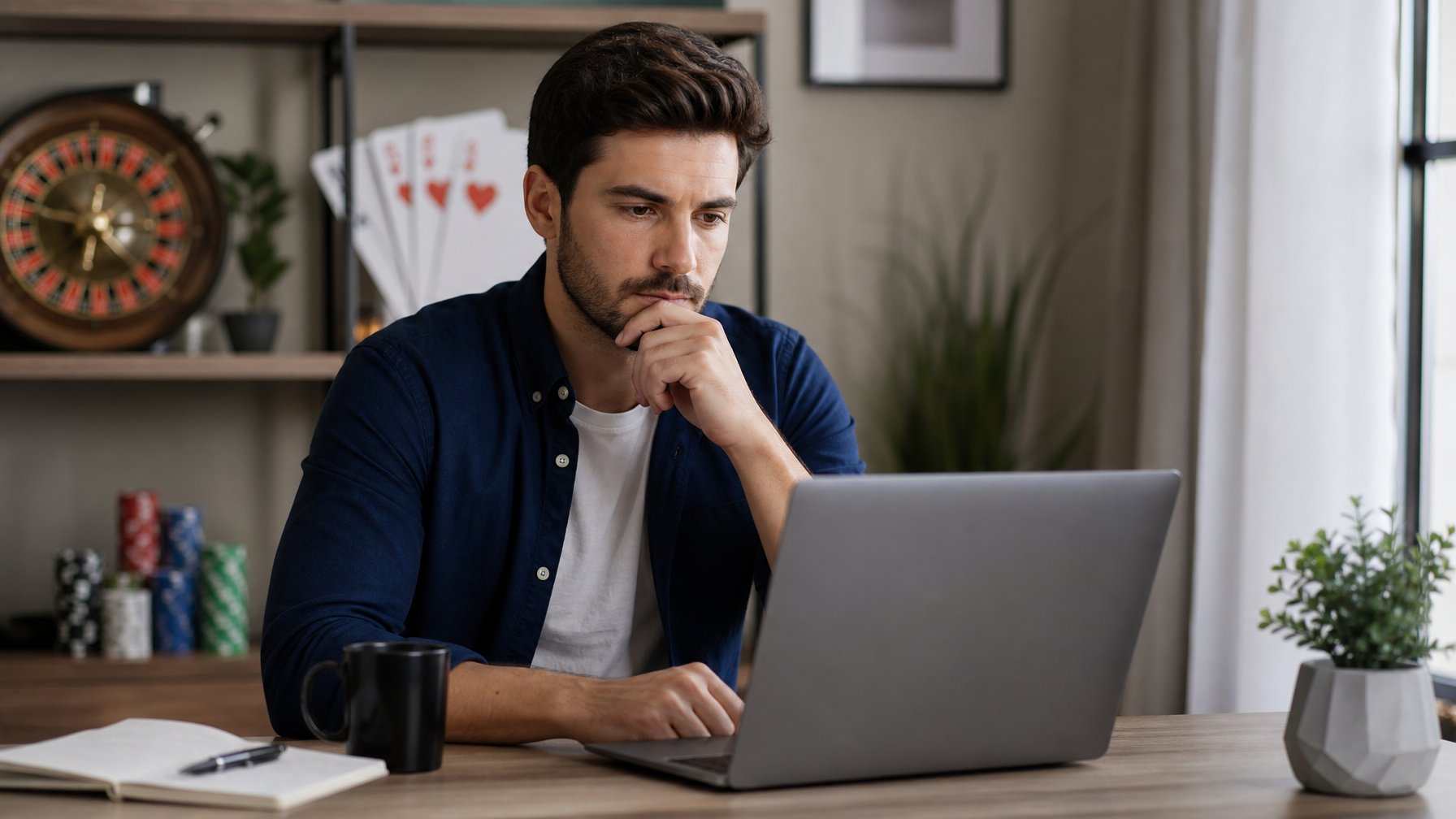 Seorang pria muda duduk di meja dengan laptop terbuka, terlihat fokus dan sedang mempertimbangkan sebelum bergabung dengan situs casino online.