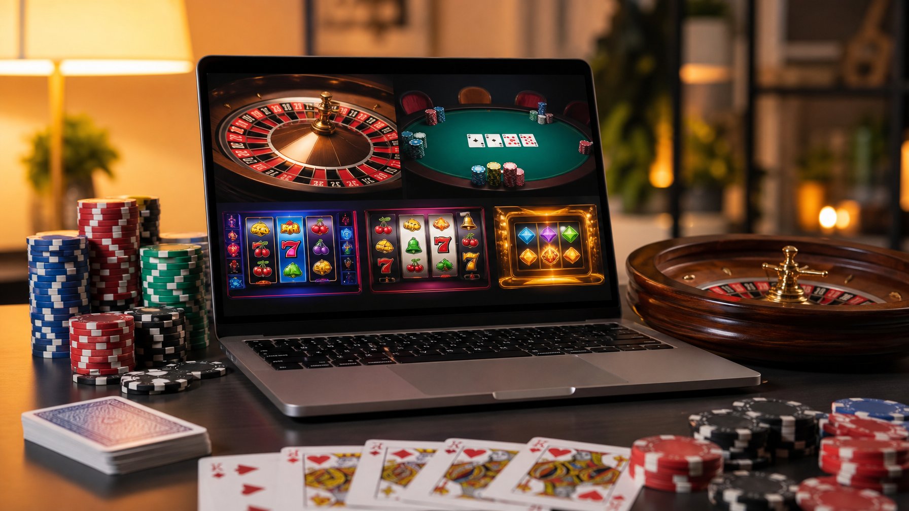 Seorang laptop di atas meja dengan tampilan permainan kasino online populer dan beberapa chip poker serta kartu di sekitarnya.
