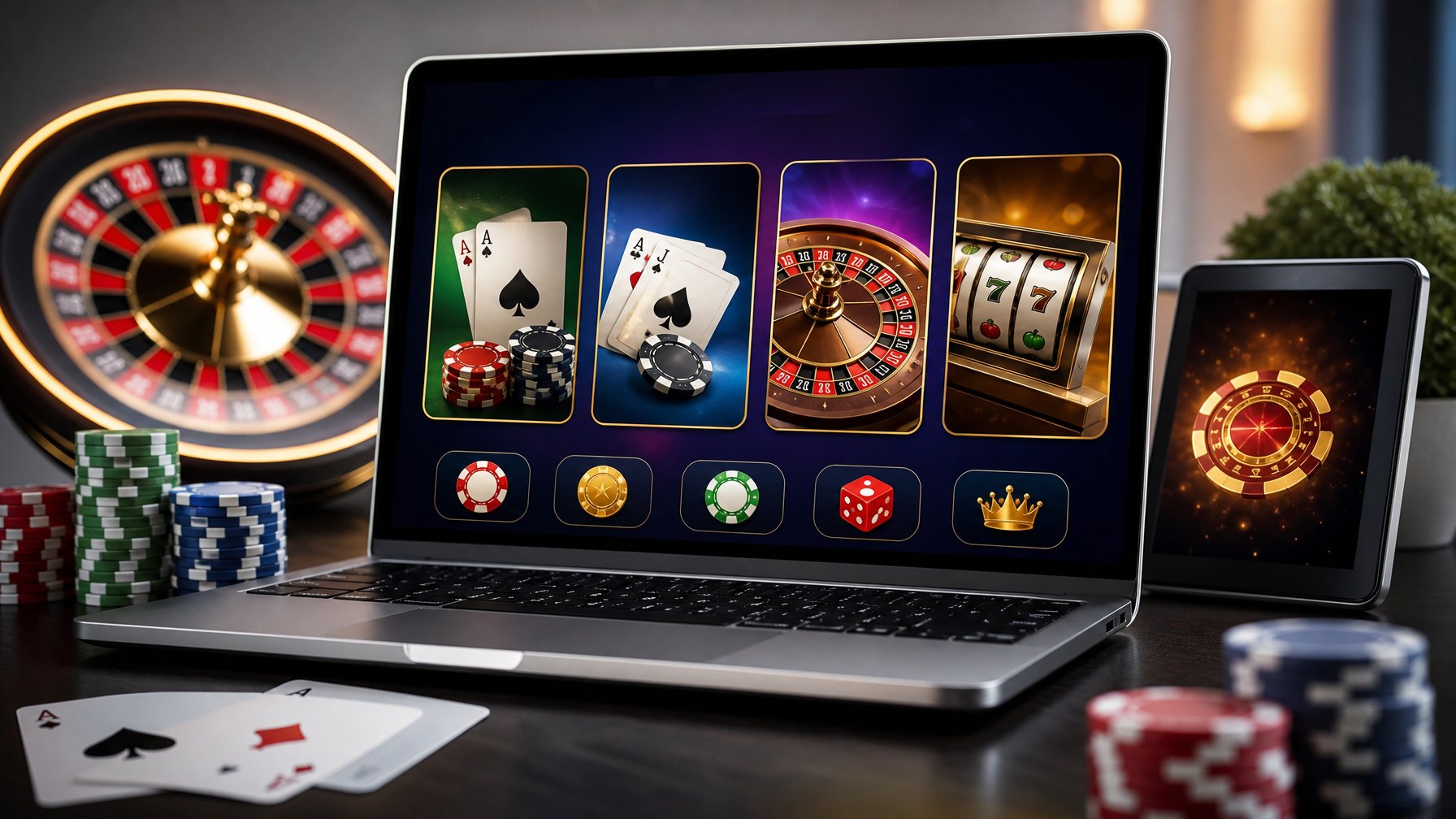 Sebuah laptop menampilkan berbagai ikon permainan kasino online populer dengan chip dan kartu bermain di sekitarnya.