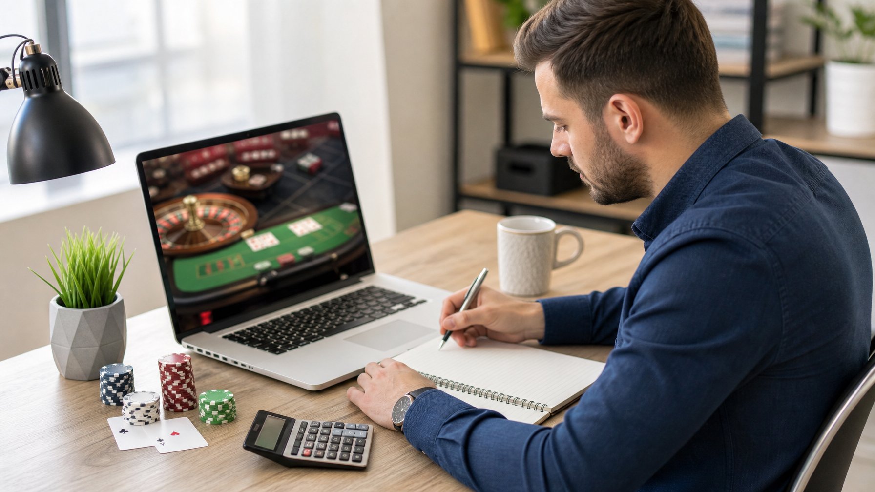 Seseorang duduk di meja dengan laptop terbuka dan perlengkapan judi seperti chip dan kartu, sambil mencatat dengan serius di ruang kerja rumah yang rapi.