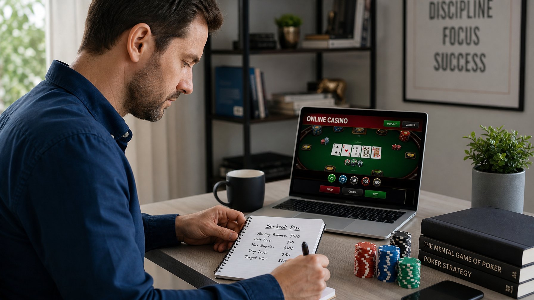 Seorang pemain casino online sedang duduk di meja dengan laptop dan mencatat strategi pengelolaan modal secara bertanggung jawab.