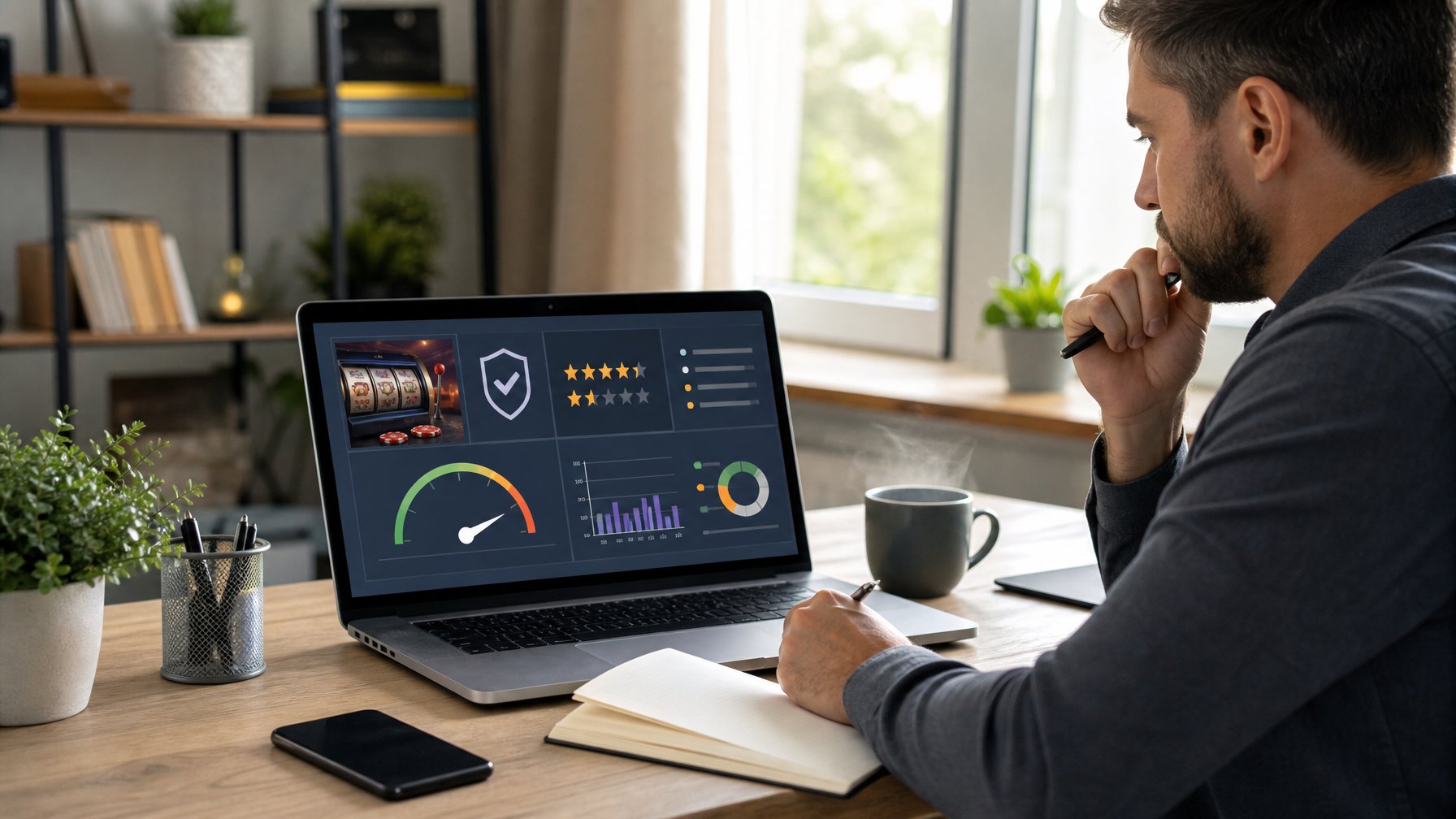 Seseorang sedang duduk di meja dengan laptop membuka situs casino online, mencatat dengan pena di buku catatan, suasana kantor rumah dengan cahaya alami.