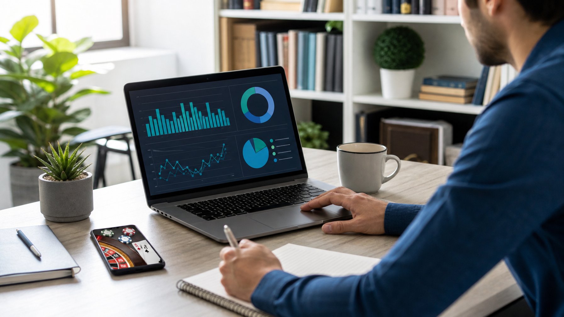 Seseorang sedang bekerja di meja dengan laptop yang menampilkan grafik dan data, dikelilingi catatan dan ponsel, di ruang kantor yang rapi dan terang.