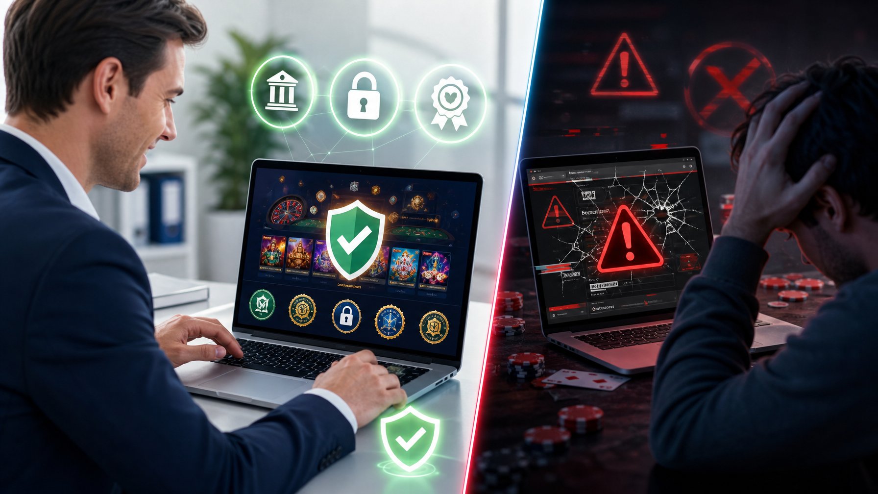 Seseorang menggunakan laptop dengan layar situs kasino online berlisensi di sebelah kiri, dan seseorang lain terlihat frustrasi dengan situs kasino online tidak berlisensi di sebelah kanan.