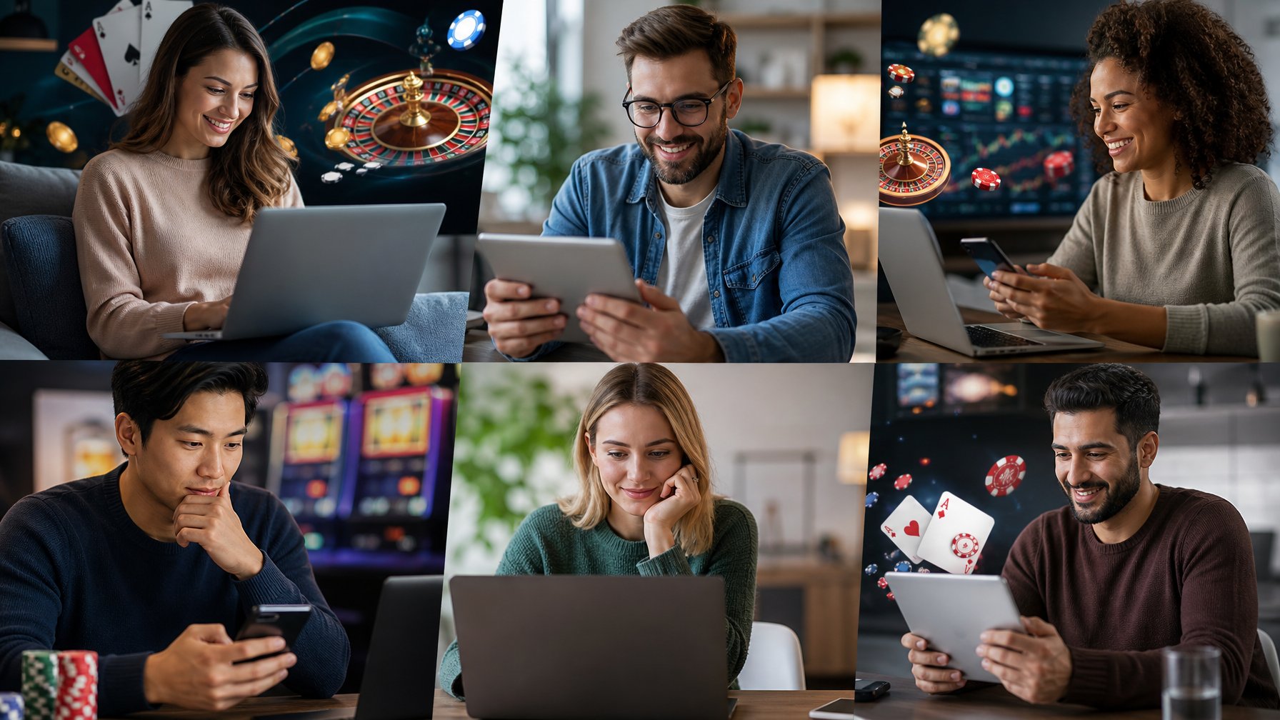 Beberapa orang bermain permainan casino online menggunakan laptop dan ponsel di ruangan yang terang dan modern.