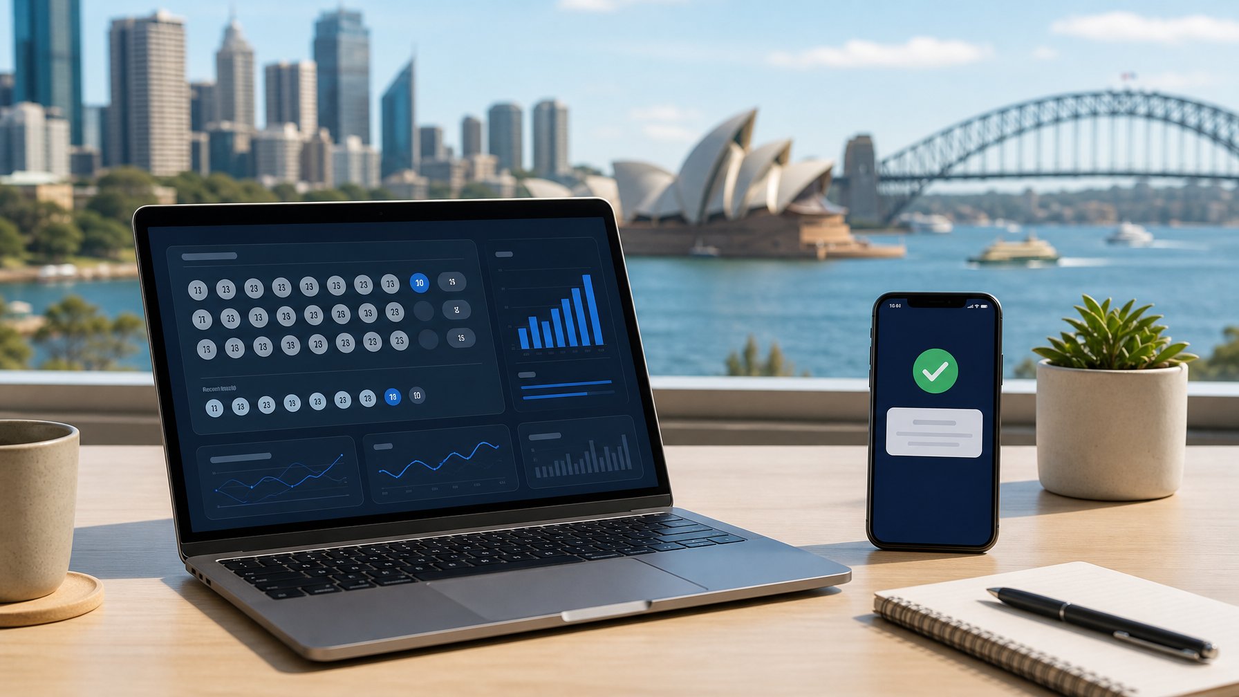 Seorang pria menggunakan laptop dan ponsel di meja dengan latar belakang pemandangan kota Sydney yang jelas.