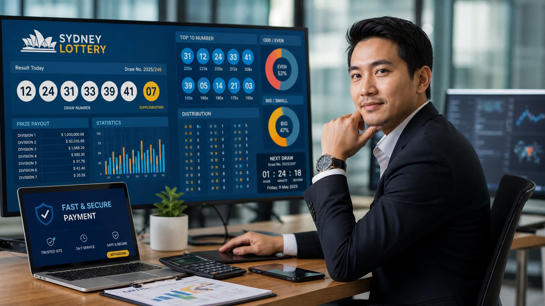 Seorang pria Asia Tenggara duduk di meja kerja dengan beberapa layar komputer yang menampilkan angka dan grafik digital, di kantor modern yang rapi.