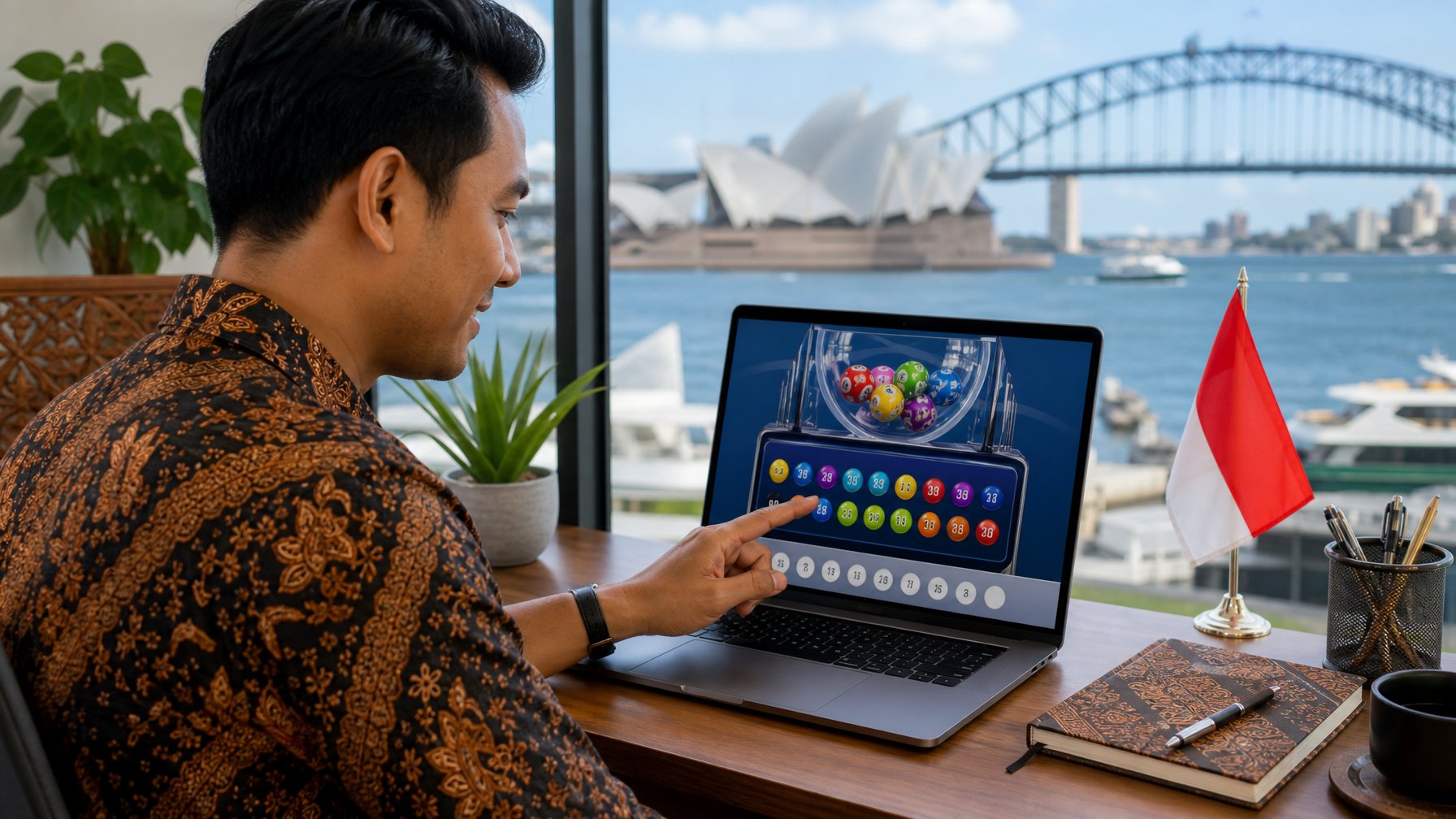Seorang pemain Indonesia sedang menggunakan laptop di meja kerja dengan pemandangan kota Sydney di latar belakang, menunjukkan lingkungan bermain togel online yang aman.