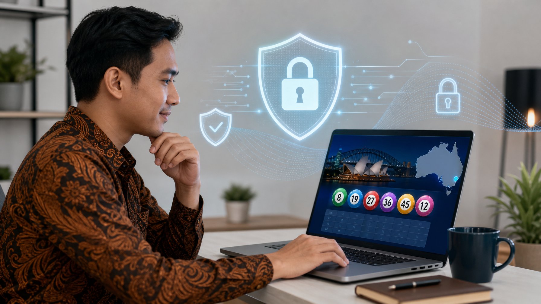 Seorang pemain Indonesia menggunakan laptop yang menampilkan situs togel Sydney dengan simbol keamanan digital di latar belakang.