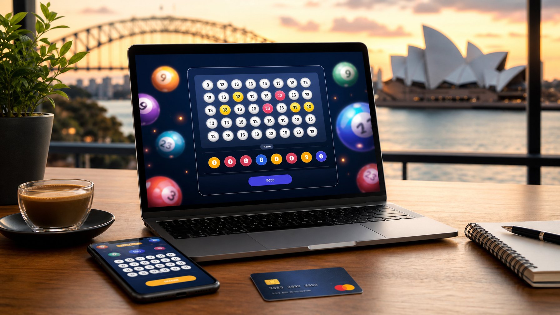 Seorang pria menggunakan laptop dan ponsel di meja dengan latar belakang pemandangan kota Sydney yang samar.
