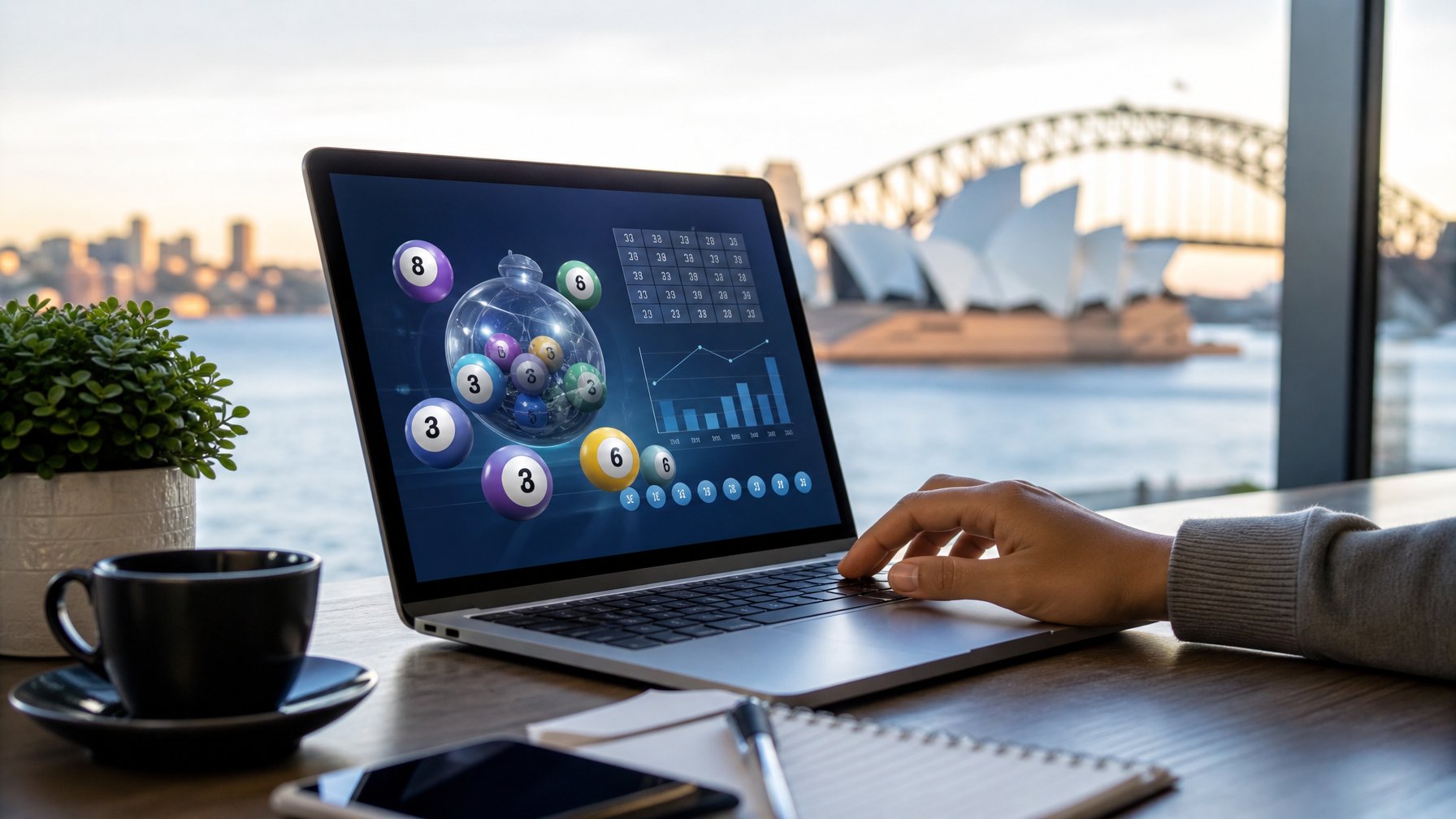 Seorang pengguna sedang menggunakan laptop dengan tampilan antarmuka lotere online, dengan latar belakang samar kota Sydney termasuk Opera House dan Harbour Bridge.