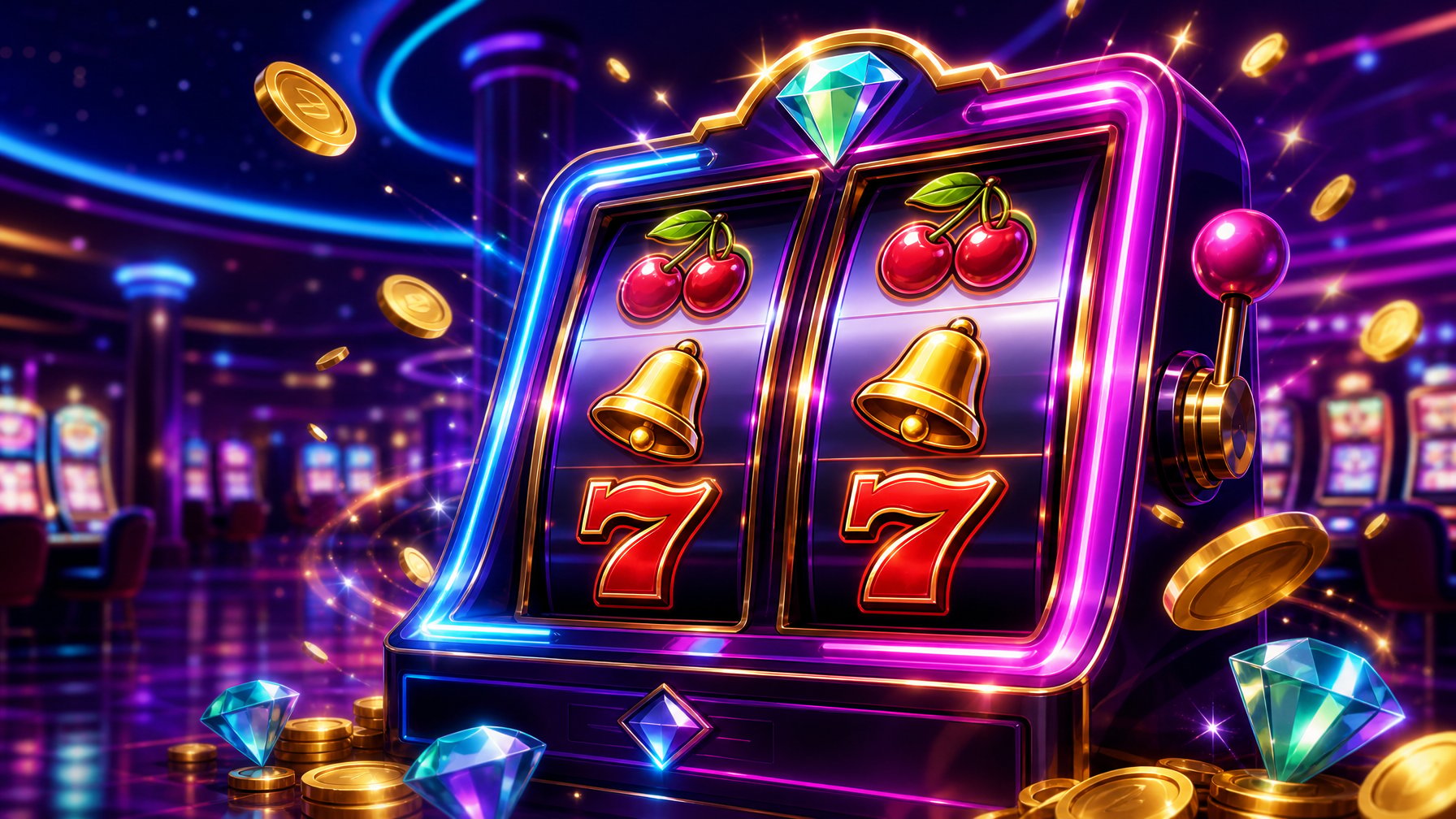 A Colorful Slot Machine With Twin Spinning Reels Showing Matching Symbols, Surrounded By Sparkling Stars And Coins In A Modern Casino Setting.