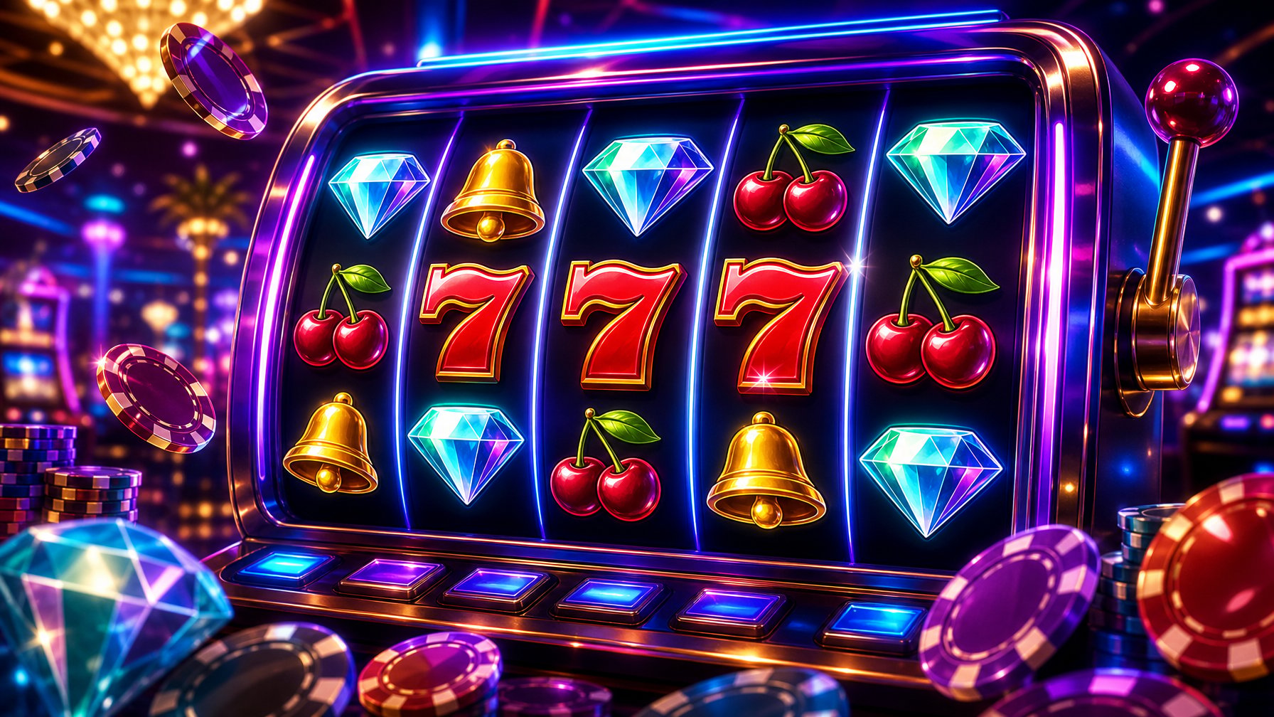 A Brightly Lit Slot Machine With Reels Showing Diamonds, Sevens, Cherries, And Bells Surrounded By Casino Chips And Glowing Lights.
