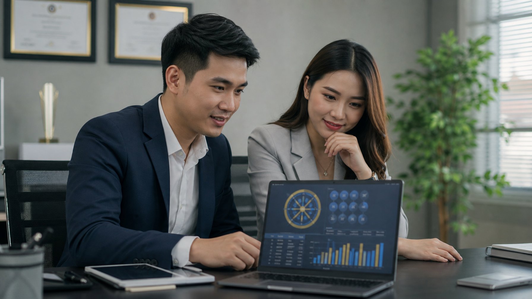 Seorang pria dan wanita Asia di kantor modern sedang melihat layar laptop bersama dengan ekspresi fokus dan percaya diri.