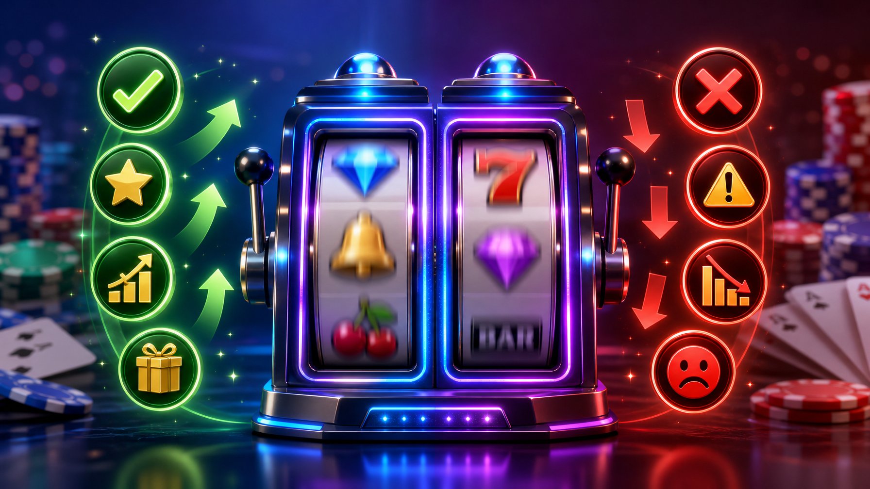 A Slot Machine With Twin Spinning Reels Surrounded By Icons Representing Pros On One Side And Cons On The Other, Set Against A Clean Background With Subtle Casino Elements.