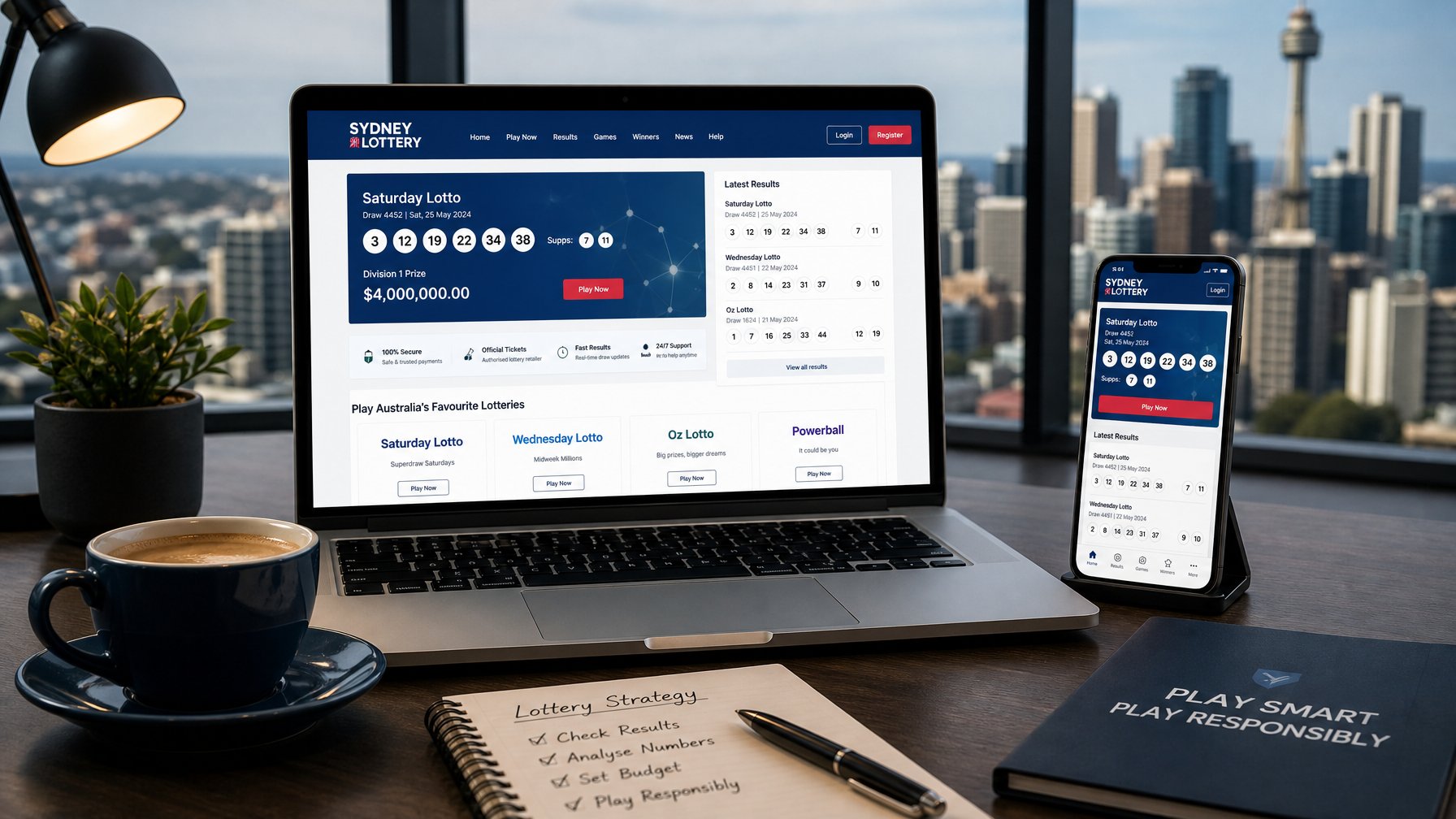 Seorang profesional bekerja di meja dengan laptop dan ponsel yang menampilkan aplikasi togel online, di latar belakang terlihat pemandangan kota.