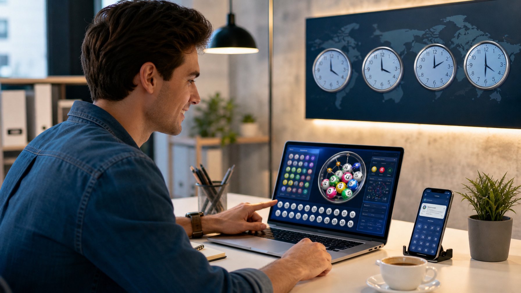 Seseorang sedang menggunakan laptop di meja kerja dengan layar menampilkan situs togel online dan jam digital, menunjukkan layanan 24 jam.