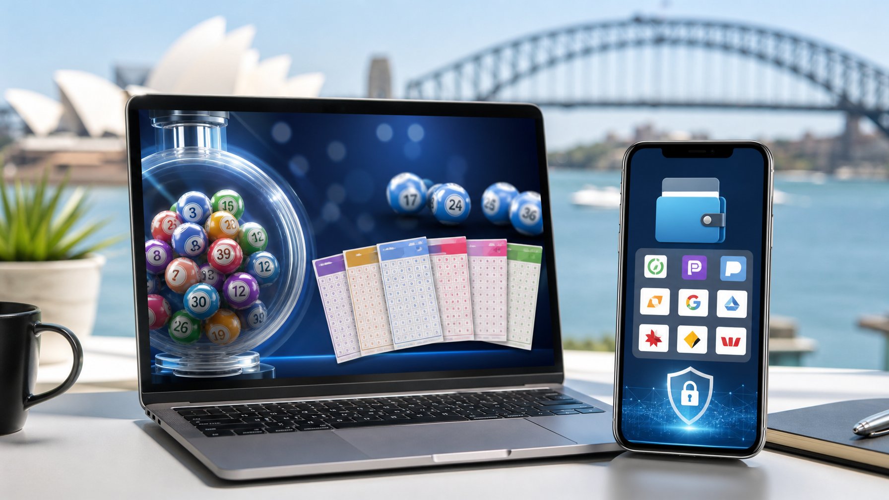 Seorang pengguna menggunakan laptop dan ponsel untuk mengakses layanan togel online dengan opsi pembayaran e-wallet dan bank lokal, dengan latar belakang kota Sydney yang samar.