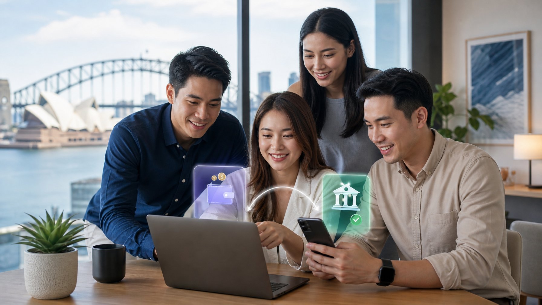 Sekelompok orang muda menggunakan laptop dan ponsel di ruang tamu modern dengan pemandangan kota Sydney di latar belakang.