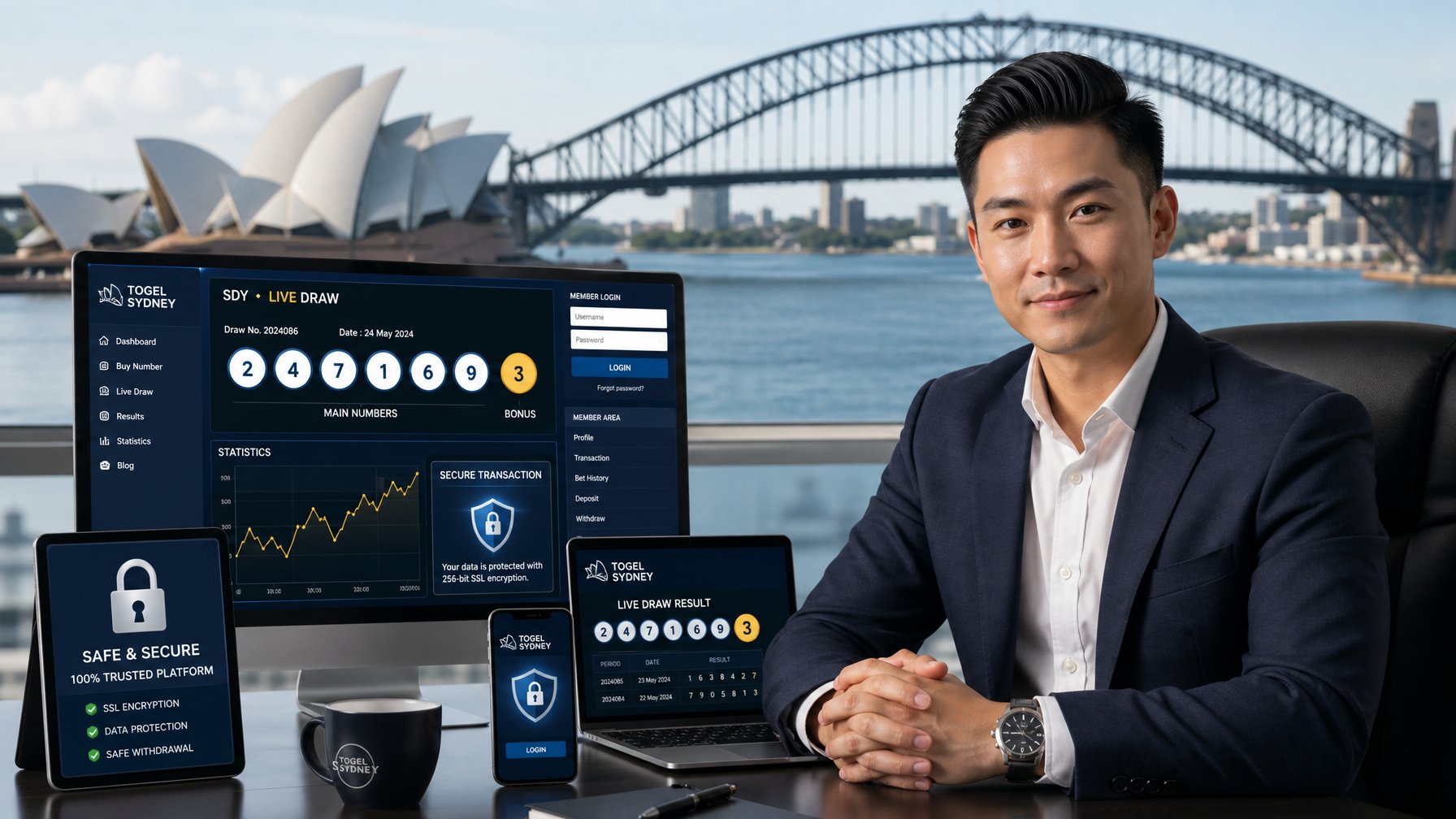 Seorang pria Asia duduk di depan komputer dengan latar belakang kota Sydney, menampilkan suasana keamanan dan profesionalisme dalam perjudian togel online.