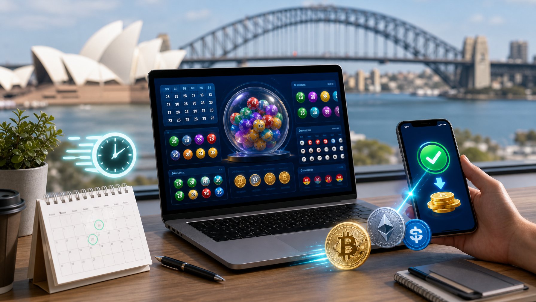 Seorang pengguna sedang menggunakan laptop di meja kerja dengan latar belakang pemandangan kota Sydney yang samar, menunjukkan konsep permainan togel online dengan proses penarikan dana cepat.