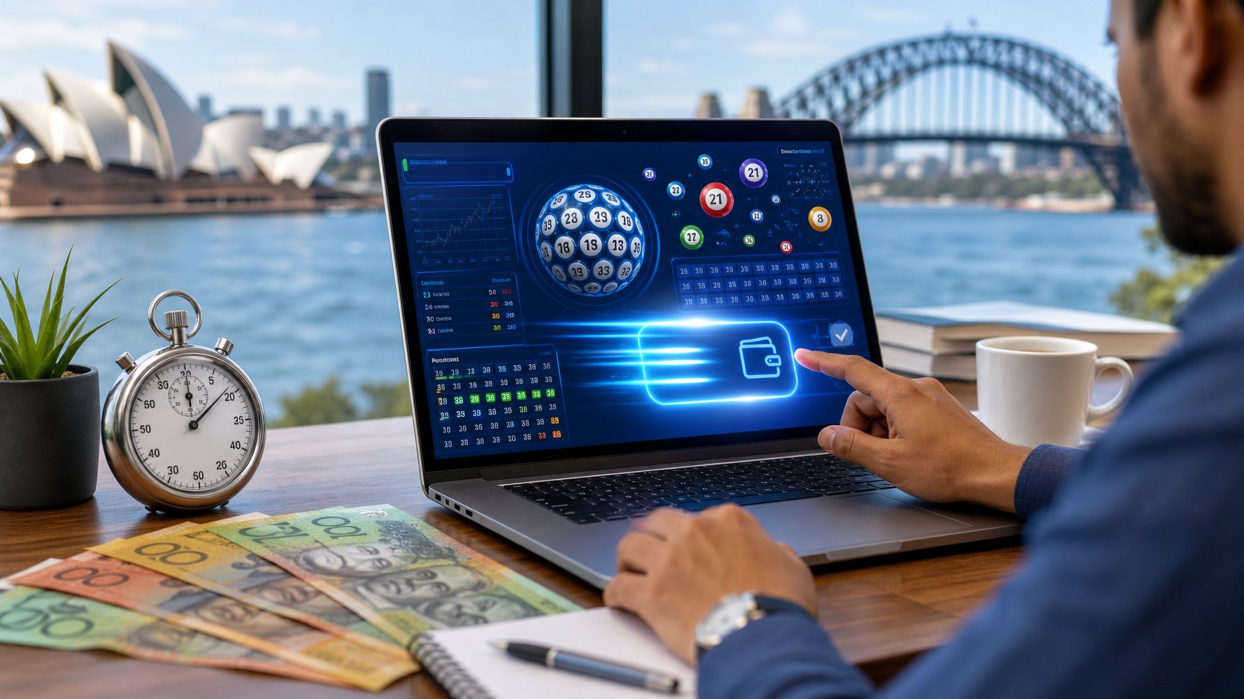 Seseorang menggunakan laptop dengan tampilan platform lotere online dan latar belakang kota Sydney yang samar.
