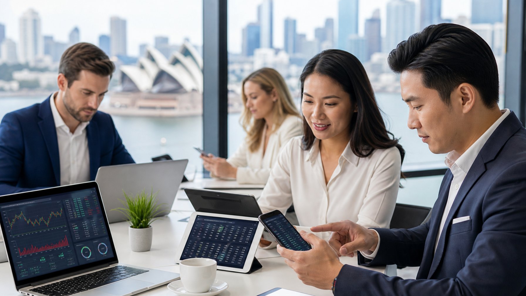 Sekelompok orang profesional menggunakan perangkat digital di ruang kerja modern dengan latar kota Sydney yang samar.