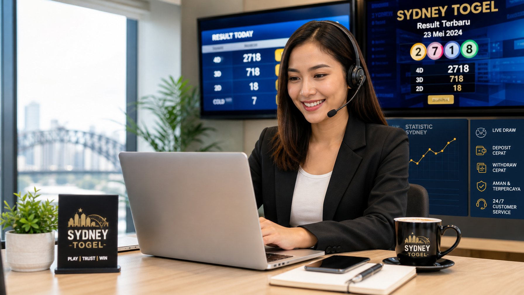 Seorang petugas layanan pelanggan profesional sedang bekerja dengan laptop di kantor modern dengan layar digital menampilkan angka togel di latar belakang.