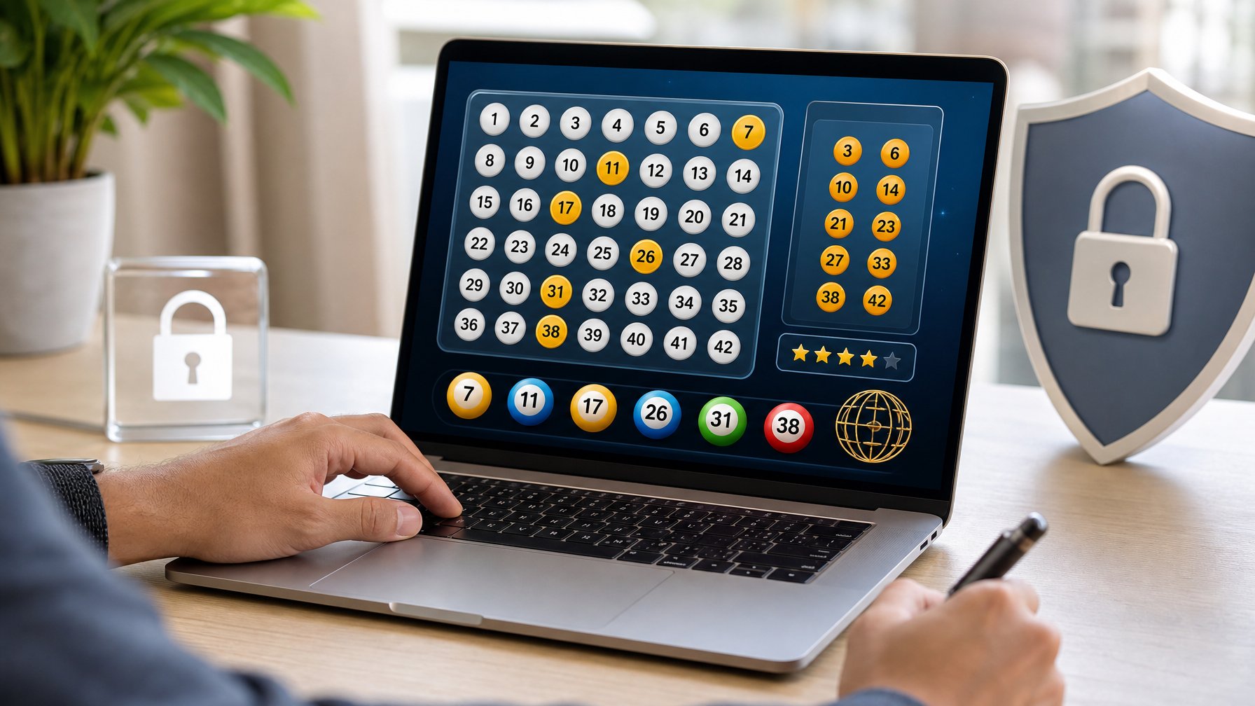 Seseorang menggunakan komputer dengan tampilan situs lotere online yang aman dan nyaman.