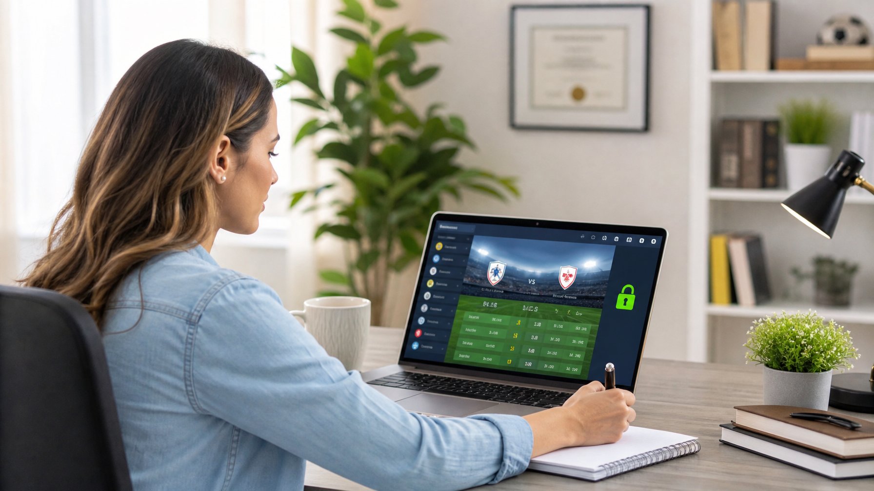 Seorang wanita muda duduk di meja kerja dengan laptop yang menampilkan situs taruhan bola, sambil mencatat di buku catatan di ruangan yang rapi dan terang.