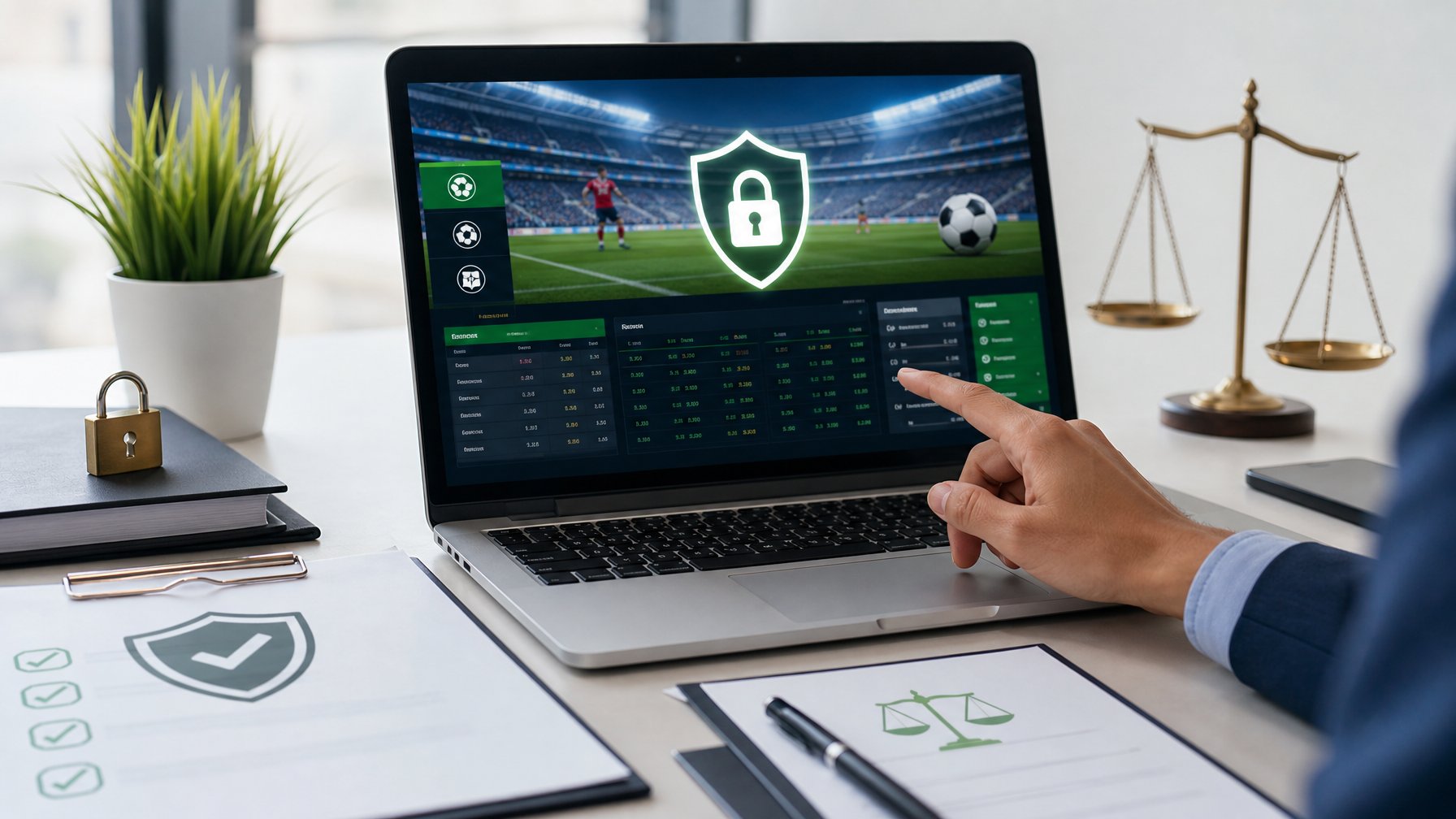 Sebuah meja kerja dengan laptop yang menampilkan situs taruhan sepak bola online yang aman, dengan ikon keamanan di layar dan tangan seseorang yang sedang berinteraksi dengan laptop.