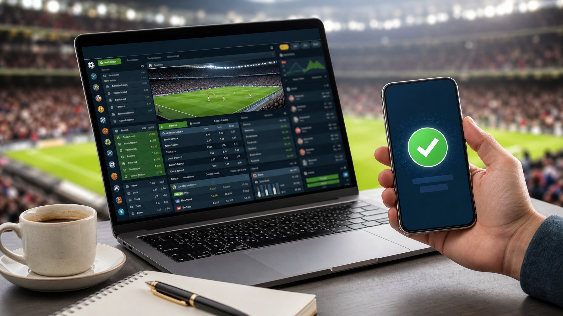 Seorang pria menggunakan laptop dan smartphone di meja kerja dengan layar menampilkan situs taruhan bola online dan konfirmasi transaksi cepat.