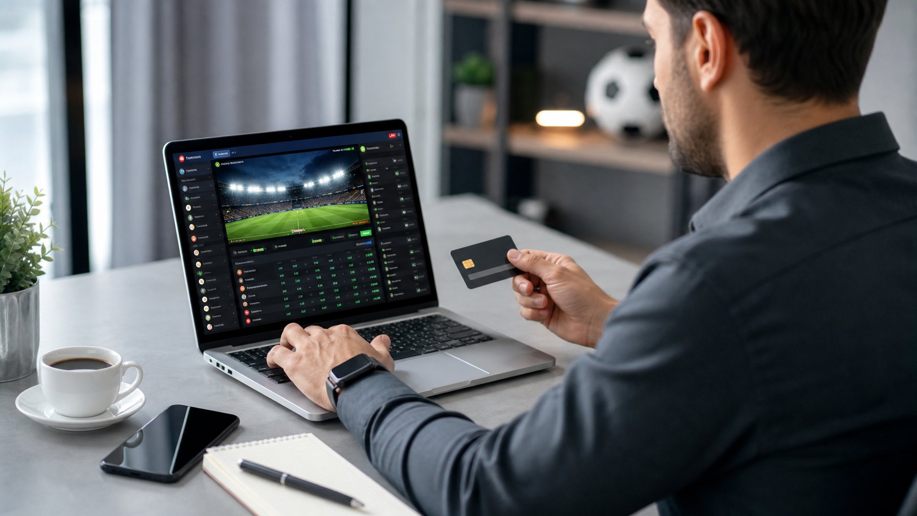 Seseorang menggunakan komputer di ruang kerja untuk melakukan transaksi taruhan bola online dengan tampilan situs judi bola di layar.