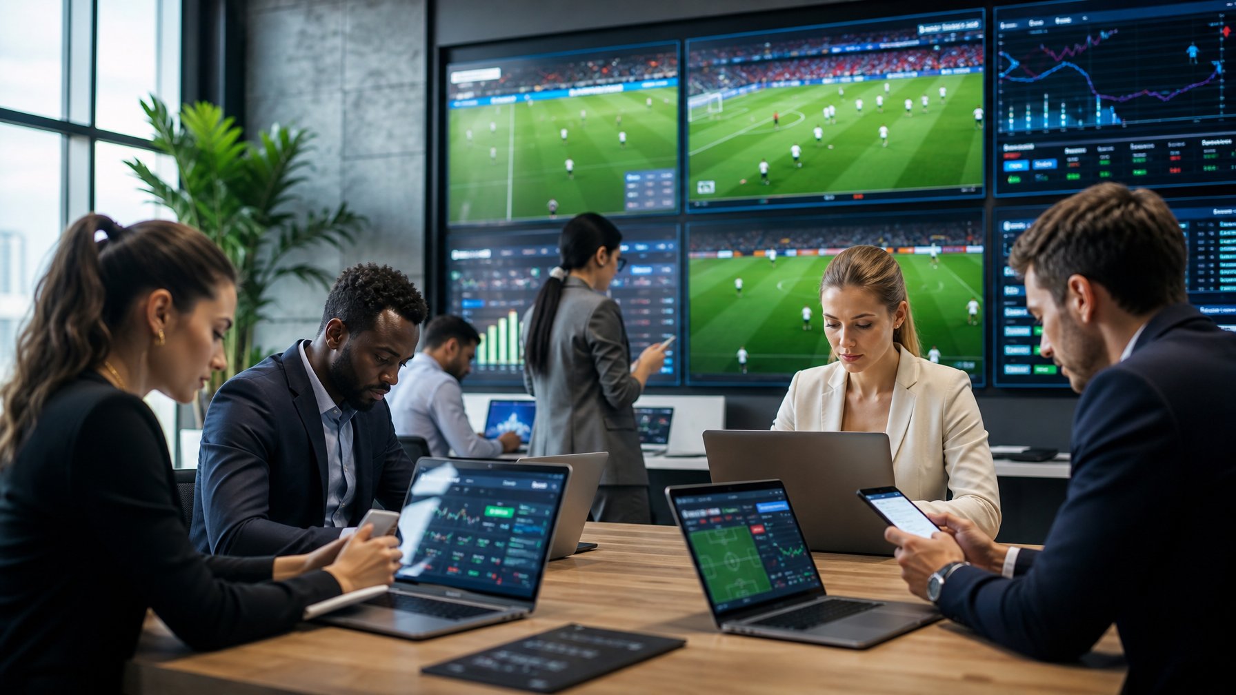 Orang-orang sedang menggunakan laptop dan ponsel untuk melihat pertandingan sepak bola internasional di layar besar dalam sebuah ruang kantor modern.