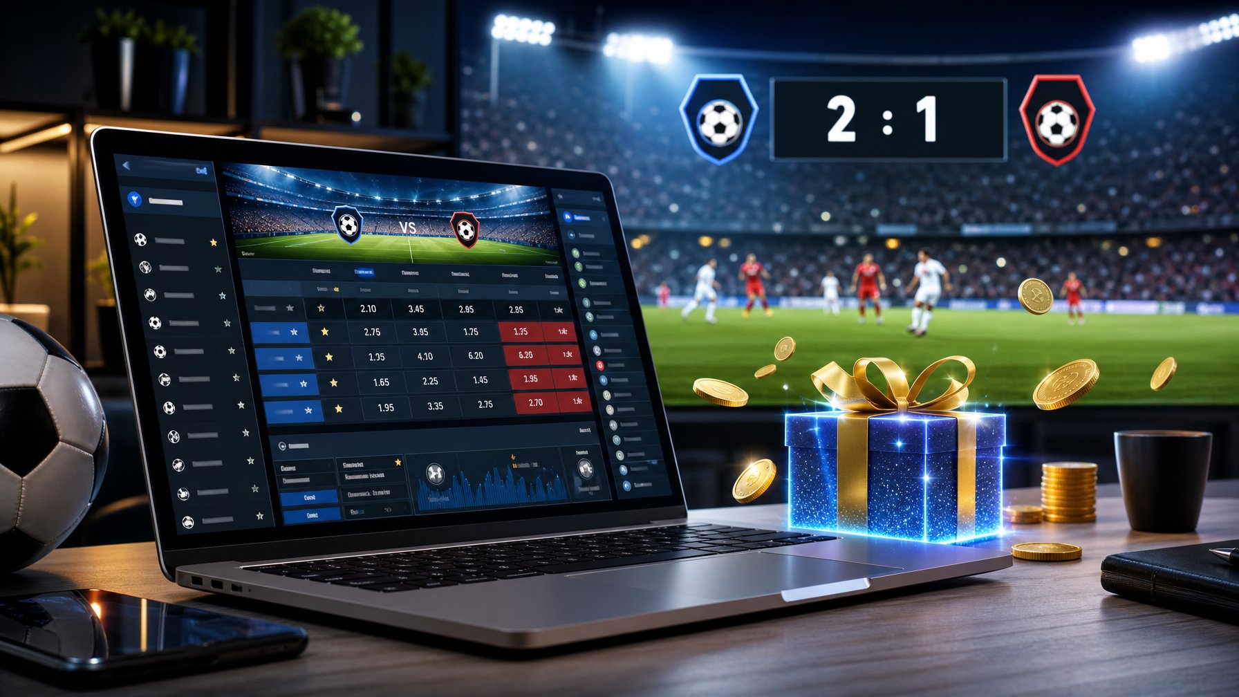 Seorang pria menggunakan laptop di meja kerja dengan tampilan situs taruhan sepak bola online dan latar belakang stadion sepak bola yang terang.