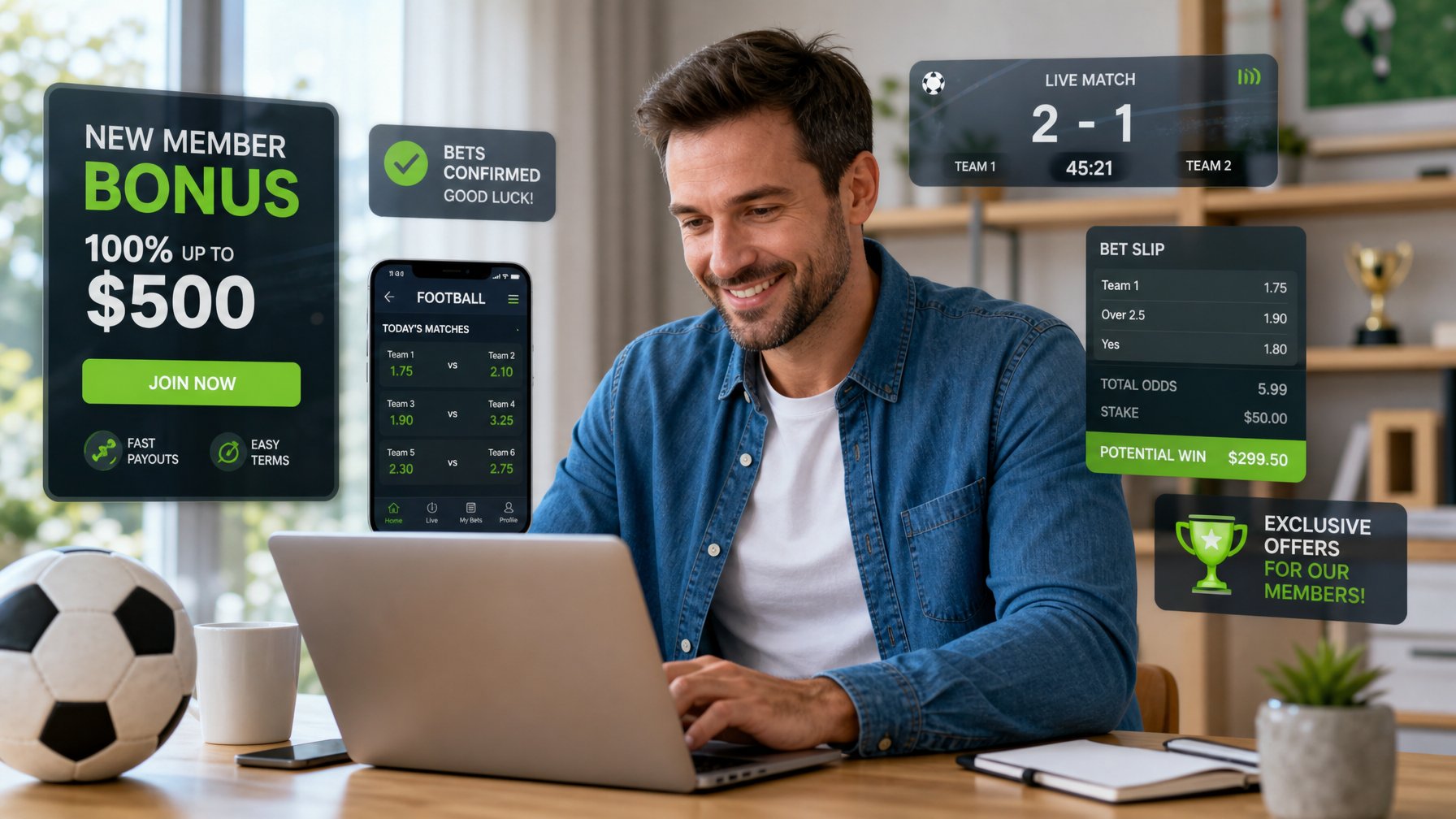 Seorang pria duduk di meja dengan laptop, dikelilingi ikon sepak bola dan elemen digital yang menunjukkan taruhan bola online dan bonus anggota baru.